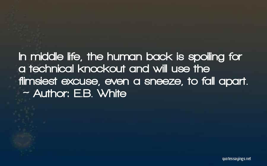 E.B. White Quotes: In Middle Life, The Human Back Is Spoiling For A Technical Knockout And Will Use The Flimsiest Excuse, Even A