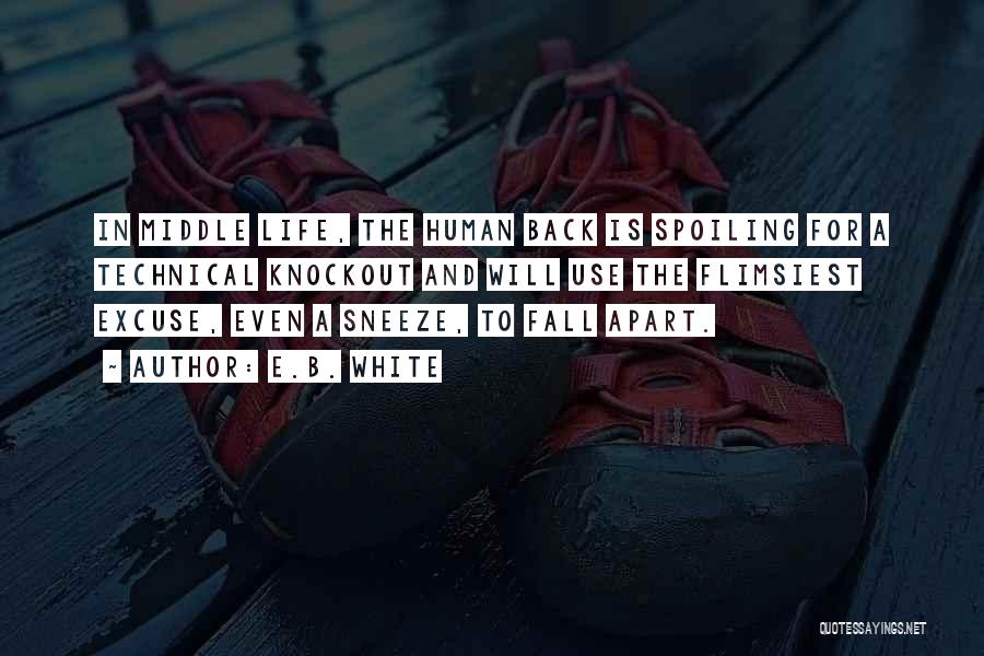 E.B. White Quotes: In Middle Life, The Human Back Is Spoiling For A Technical Knockout And Will Use The Flimsiest Excuse, Even A