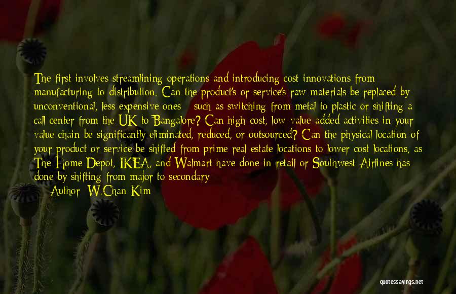 W.Chan Kim Quotes: The First Involves Streamlining Operations And Introducing Cost Innovations From Manufacturing To Distribution. Can The Product's Or Service's Raw Materials