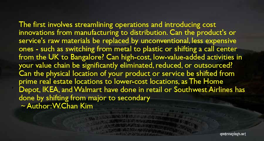 W.Chan Kim Quotes: The First Involves Streamlining Operations And Introducing Cost Innovations From Manufacturing To Distribution. Can The Product's Or Service's Raw Materials