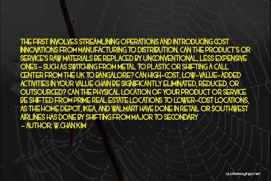 W.Chan Kim Quotes: The First Involves Streamlining Operations And Introducing Cost Innovations From Manufacturing To Distribution. Can The Product's Or Service's Raw Materials