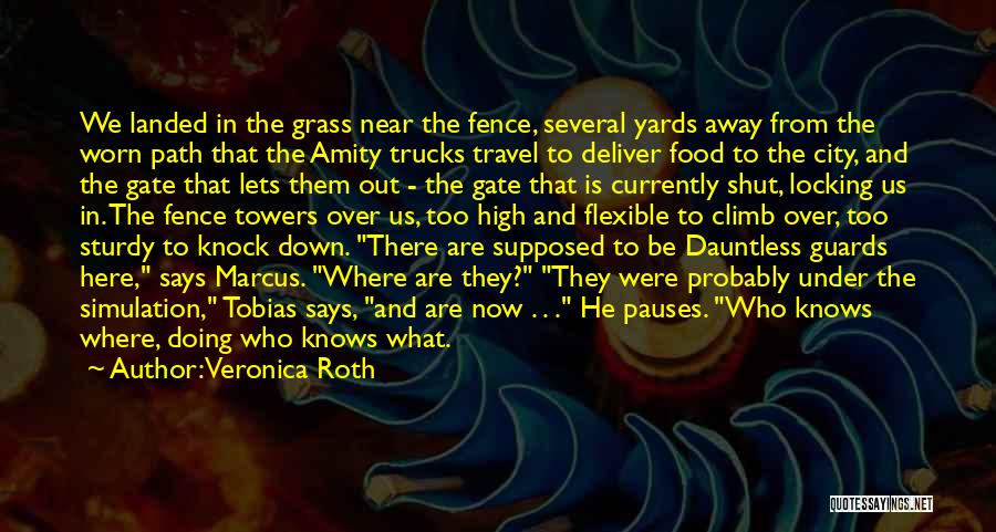 Veronica Roth Quotes: We Landed In The Grass Near The Fence, Several Yards Away From The Worn Path That The Amity Trucks Travel