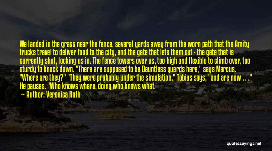 Veronica Roth Quotes: We Landed In The Grass Near The Fence, Several Yards Away From The Worn Path That The Amity Trucks Travel