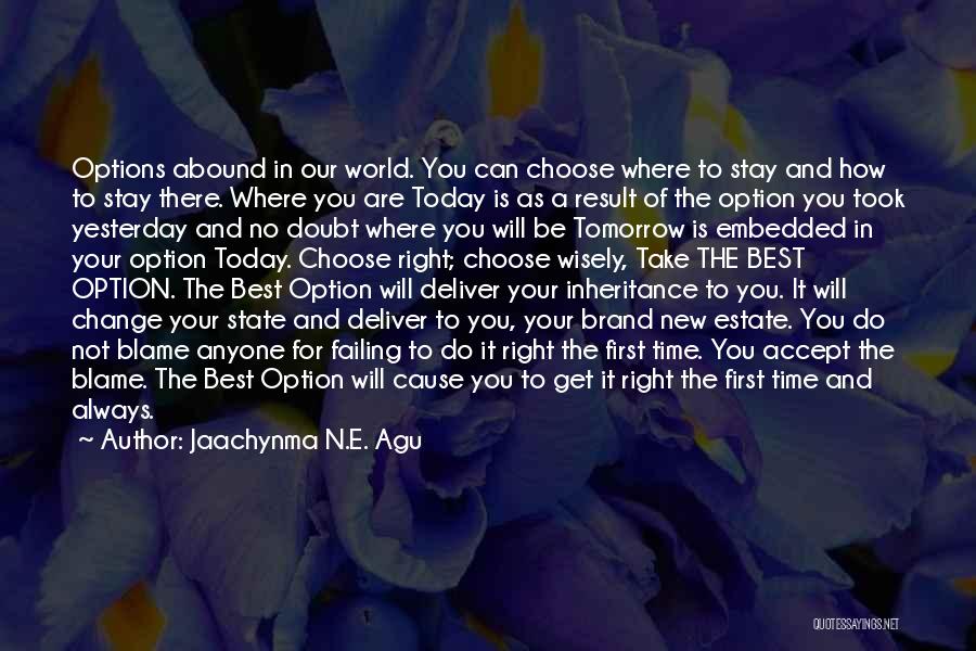 Jaachynma N.E. Agu Quotes: Options Abound In Our World. You Can Choose Where To Stay And How To Stay There. Where You Are Today