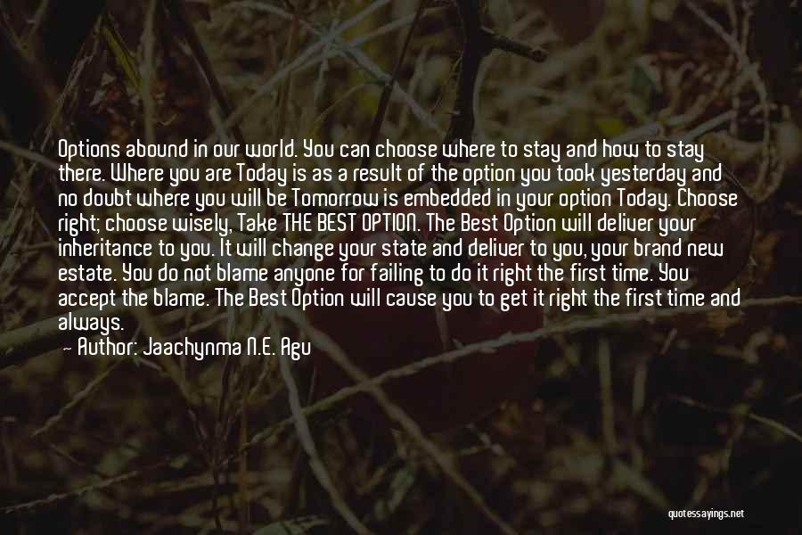 Jaachynma N.E. Agu Quotes: Options Abound In Our World. You Can Choose Where To Stay And How To Stay There. Where You Are Today