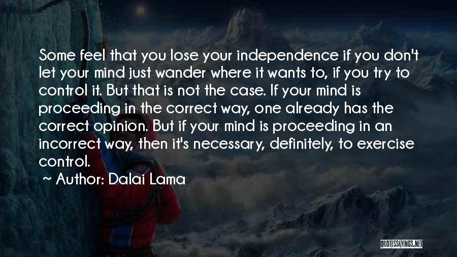 Dalai Lama Quotes: Some Feel That You Lose Your Independence If You Don't Let Your Mind Just Wander Where It Wants To, If