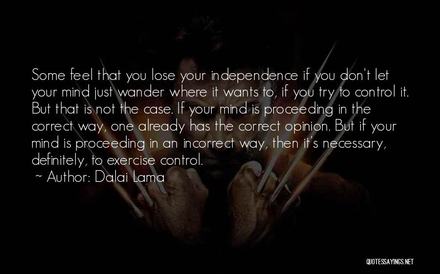 Dalai Lama Quotes: Some Feel That You Lose Your Independence If You Don't Let Your Mind Just Wander Where It Wants To, If