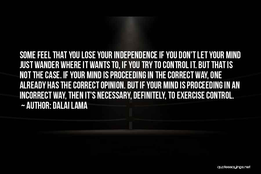 Dalai Lama Quotes: Some Feel That You Lose Your Independence If You Don't Let Your Mind Just Wander Where It Wants To, If