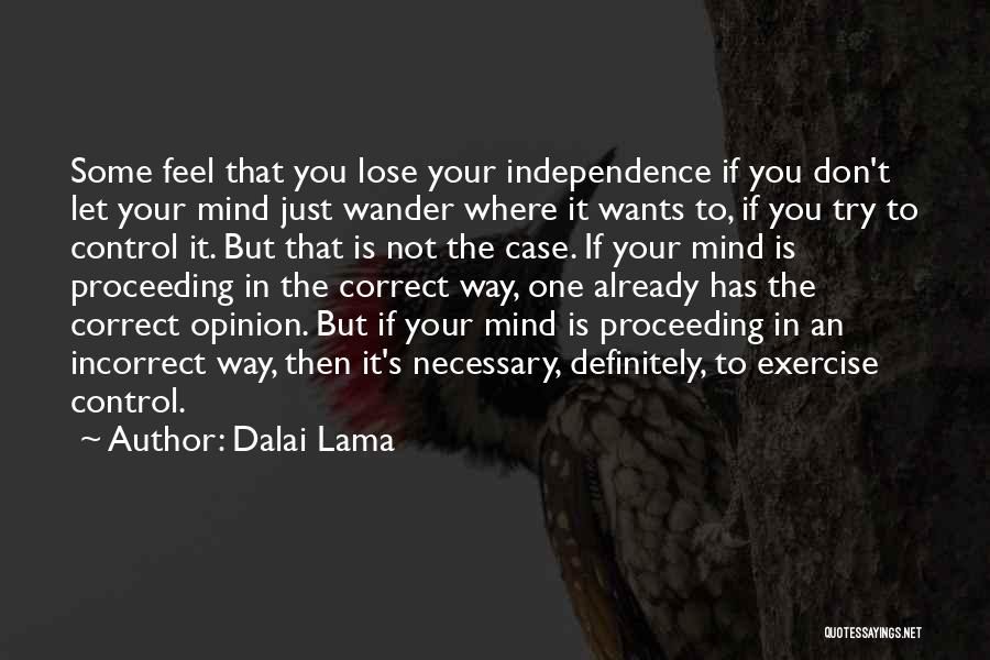 Dalai Lama Quotes: Some Feel That You Lose Your Independence If You Don't Let Your Mind Just Wander Where It Wants To, If