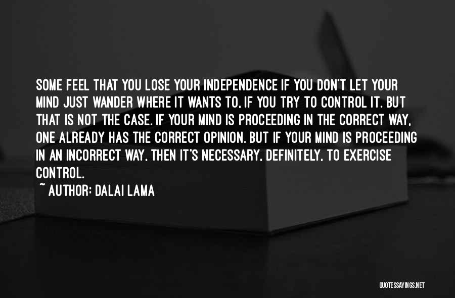 Dalai Lama Quotes: Some Feel That You Lose Your Independence If You Don't Let Your Mind Just Wander Where It Wants To, If