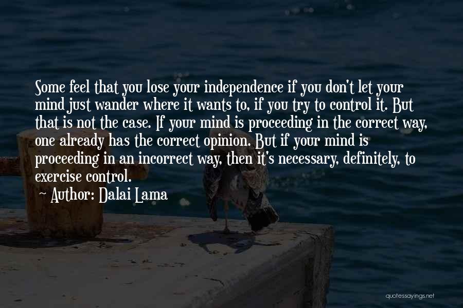 Dalai Lama Quotes: Some Feel That You Lose Your Independence If You Don't Let Your Mind Just Wander Where It Wants To, If