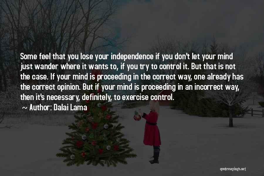 Dalai Lama Quotes: Some Feel That You Lose Your Independence If You Don't Let Your Mind Just Wander Where It Wants To, If