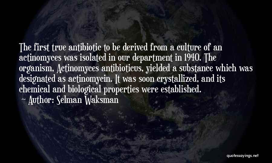 Selman Waksman Quotes: The First True Antibiotic To Be Derived From A Culture Of An Actinomyces Was Isolated In Our Department In 1940.