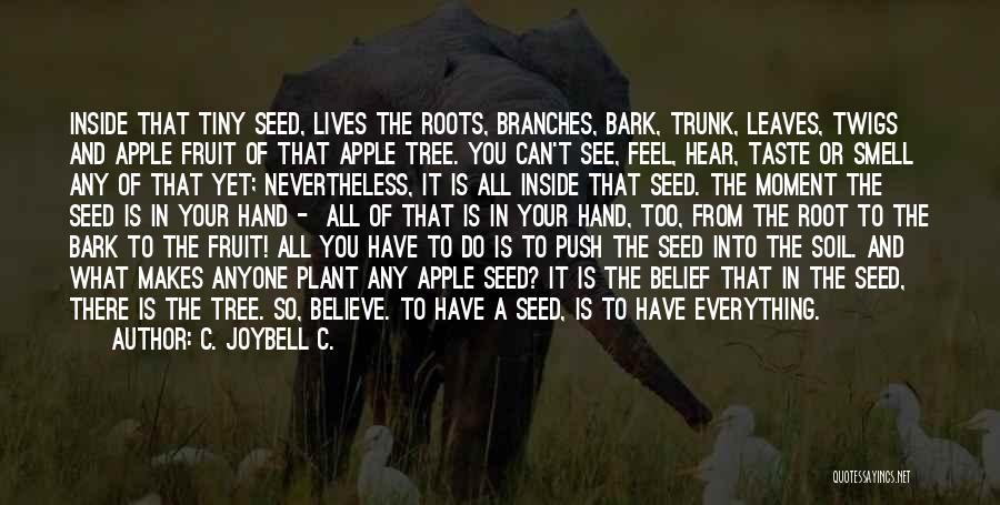 C. JoyBell C. Quotes: Inside That Tiny Seed, Lives The Roots, Branches, Bark, Trunk, Leaves, Twigs And Apple Fruit Of That Apple Tree. You