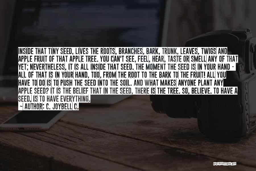 C. JoyBell C. Quotes: Inside That Tiny Seed, Lives The Roots, Branches, Bark, Trunk, Leaves, Twigs And Apple Fruit Of That Apple Tree. You