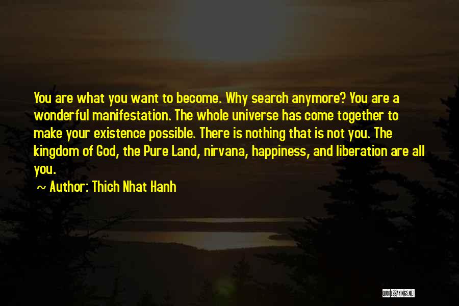 Thich Nhat Hanh Quotes: You Are What You Want To Become. Why Search Anymore? You Are A Wonderful Manifestation. The Whole Universe Has Come