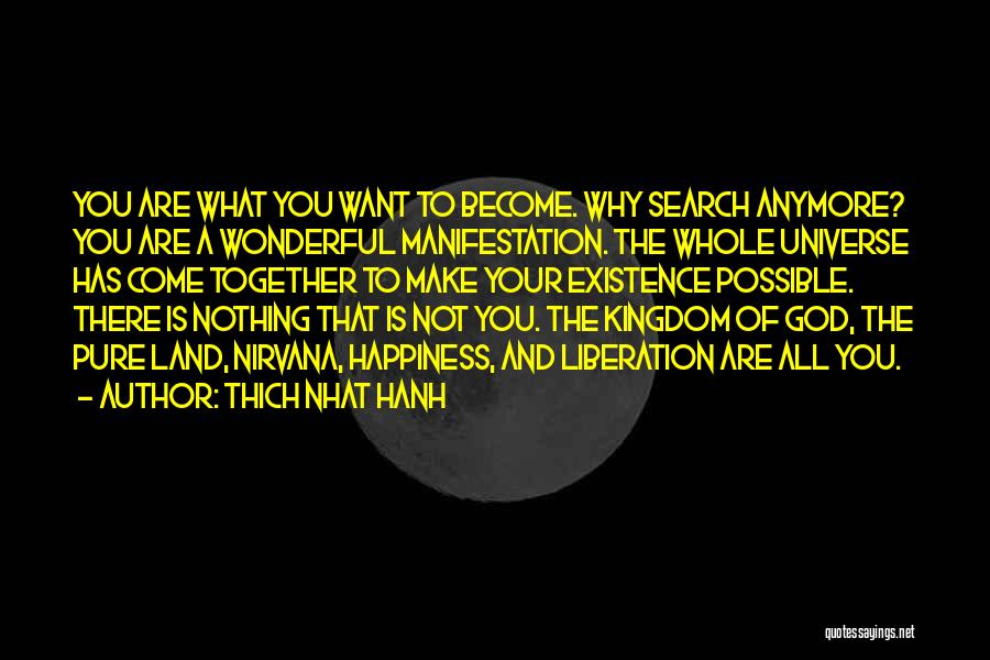 Thich Nhat Hanh Quotes: You Are What You Want To Become. Why Search Anymore? You Are A Wonderful Manifestation. The Whole Universe Has Come