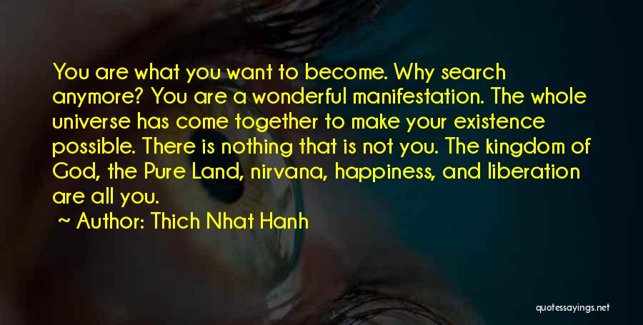 Thich Nhat Hanh Quotes: You Are What You Want To Become. Why Search Anymore? You Are A Wonderful Manifestation. The Whole Universe Has Come