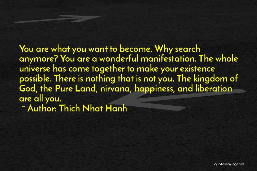 Thich Nhat Hanh Quotes: You Are What You Want To Become. Why Search Anymore? You Are A Wonderful Manifestation. The Whole Universe Has Come