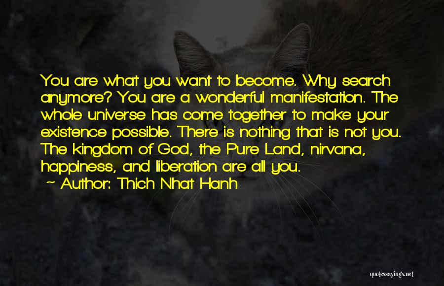 Thich Nhat Hanh Quotes: You Are What You Want To Become. Why Search Anymore? You Are A Wonderful Manifestation. The Whole Universe Has Come