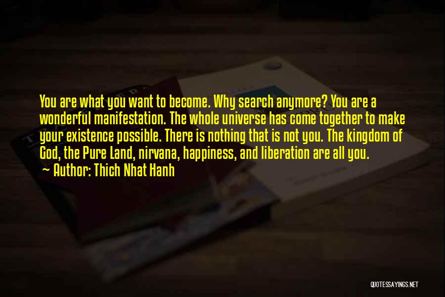 Thich Nhat Hanh Quotes: You Are What You Want To Become. Why Search Anymore? You Are A Wonderful Manifestation. The Whole Universe Has Come