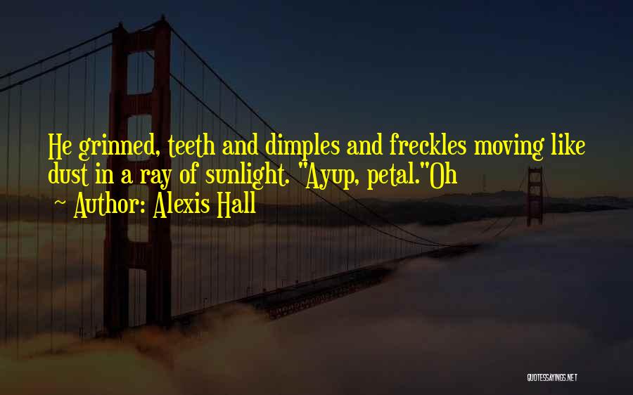 Alexis Hall Quotes: He Grinned, Teeth And Dimples And Freckles Moving Like Dust In A Ray Of Sunlight. Ayup, Petal.oh