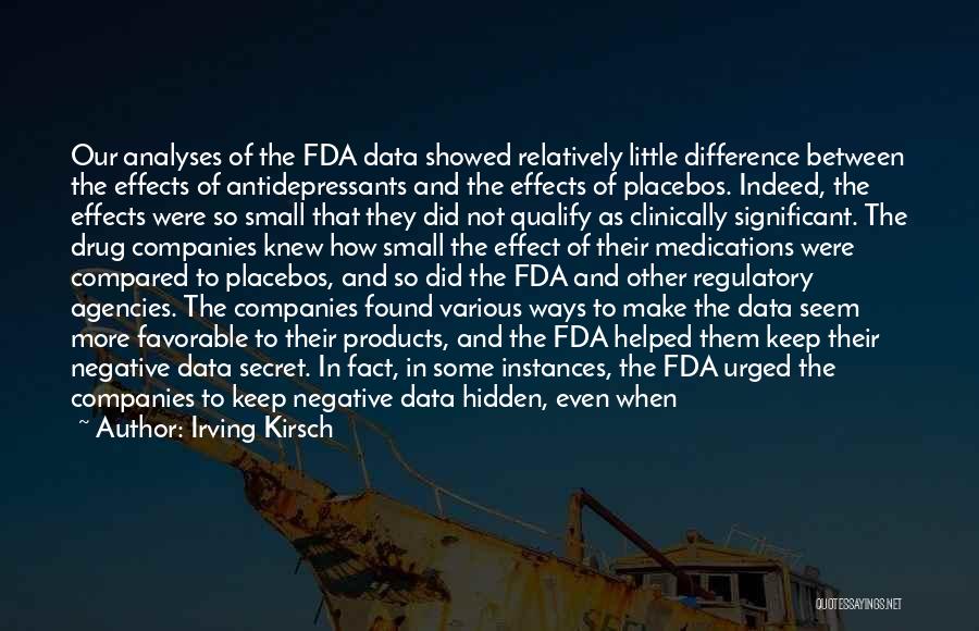 Irving Kirsch Quotes: Our Analyses Of The Fda Data Showed Relatively Little Difference Between The Effects Of Antidepressants And The Effects Of Placebos.