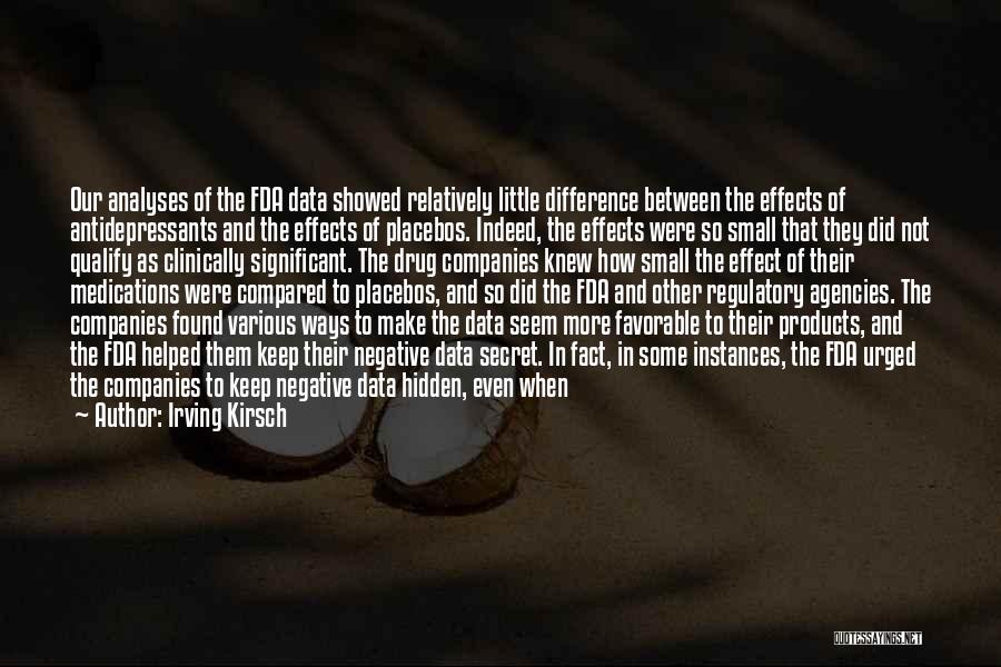 Irving Kirsch Quotes: Our Analyses Of The Fda Data Showed Relatively Little Difference Between The Effects Of Antidepressants And The Effects Of Placebos.