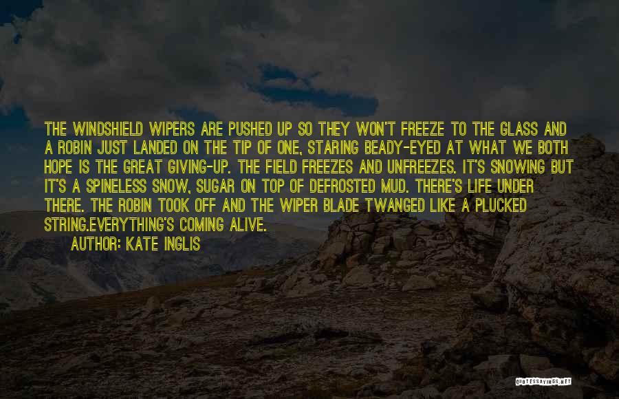 Kate Inglis Quotes: The Windshield Wipers Are Pushed Up So They Won't Freeze To The Glass And A Robin Just Landed On The