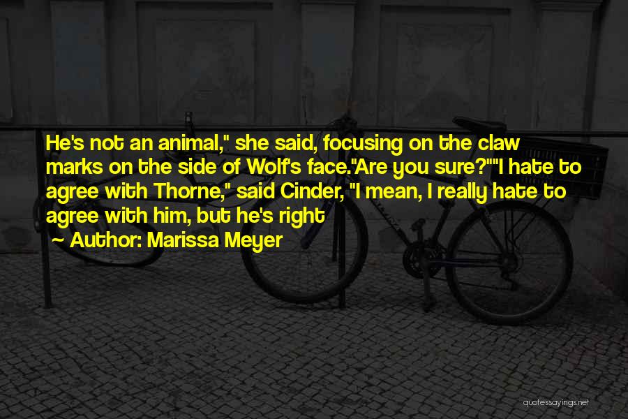 Marissa Meyer Quotes: He's Not An Animal, She Said, Focusing On The Claw Marks On The Side Of Wolf's Face.are You Sure?i Hate