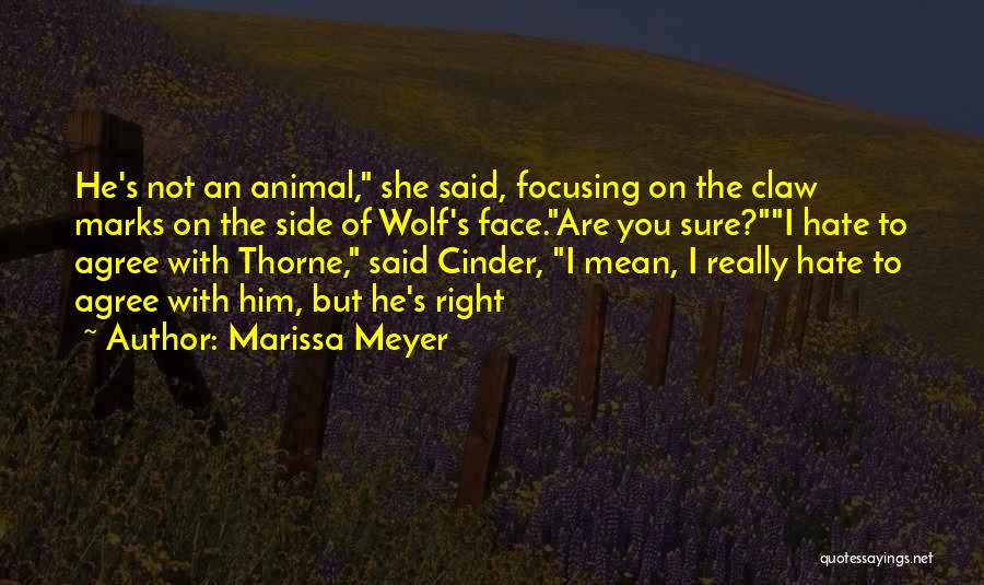 Marissa Meyer Quotes: He's Not An Animal, She Said, Focusing On The Claw Marks On The Side Of Wolf's Face.are You Sure?i Hate