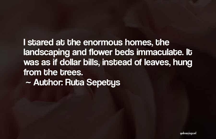 Ruta Sepetys Quotes: I Stared At The Enormous Homes, The Landscaping And Flower Beds Immaculate. It Was As If Dollar Bills, Instead Of