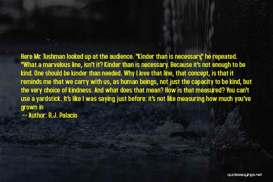 R.J. Palacio Quotes: Here Mr. Tushman Looked Up At The Audience. Kinder Than Is Necessary, He Repeated. What A Marvelous Line, Isn't It?