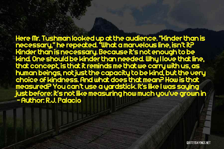 R.J. Palacio Quotes: Here Mr. Tushman Looked Up At The Audience. Kinder Than Is Necessary, He Repeated. What A Marvelous Line, Isn't It?