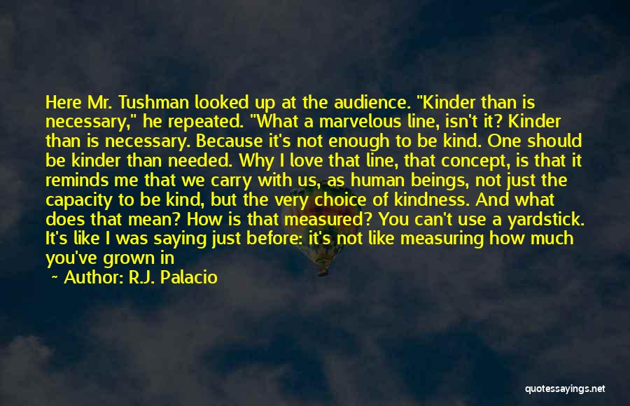 R.J. Palacio Quotes: Here Mr. Tushman Looked Up At The Audience. Kinder Than Is Necessary, He Repeated. What A Marvelous Line, Isn't It?