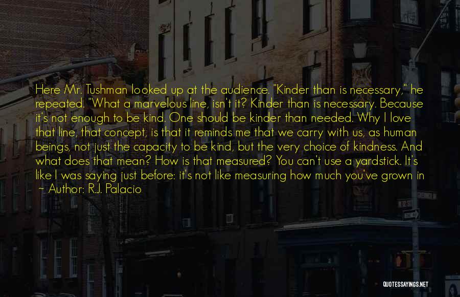 R.J. Palacio Quotes: Here Mr. Tushman Looked Up At The Audience. Kinder Than Is Necessary, He Repeated. What A Marvelous Line, Isn't It?