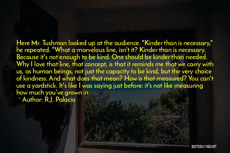 R.J. Palacio Quotes: Here Mr. Tushman Looked Up At The Audience. Kinder Than Is Necessary, He Repeated. What A Marvelous Line, Isn't It?