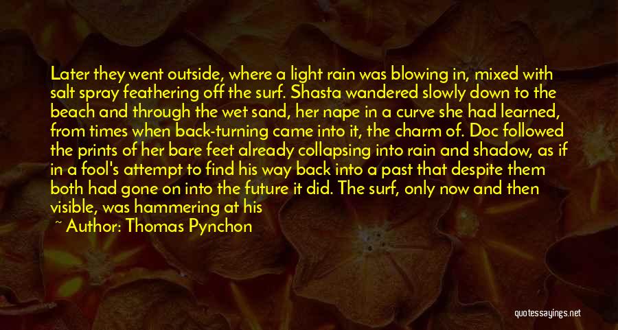 Thomas Pynchon Quotes: Later They Went Outside, Where A Light Rain Was Blowing In, Mixed With Salt Spray Feathering Off The Surf. Shasta