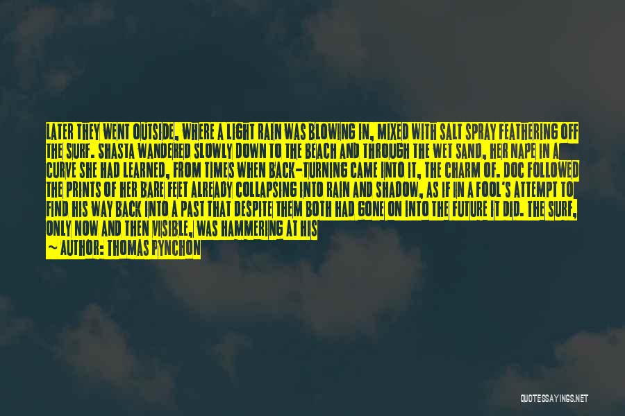 Thomas Pynchon Quotes: Later They Went Outside, Where A Light Rain Was Blowing In, Mixed With Salt Spray Feathering Off The Surf. Shasta