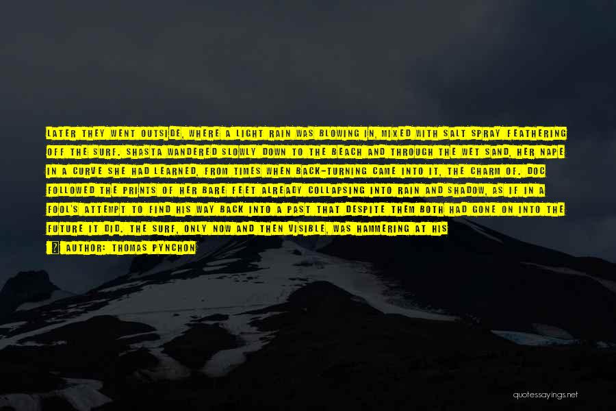 Thomas Pynchon Quotes: Later They Went Outside, Where A Light Rain Was Blowing In, Mixed With Salt Spray Feathering Off The Surf. Shasta