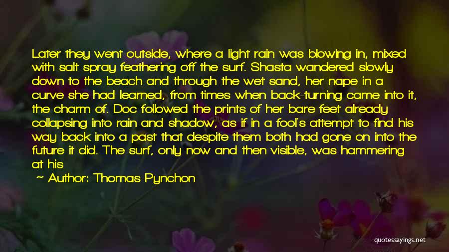 Thomas Pynchon Quotes: Later They Went Outside, Where A Light Rain Was Blowing In, Mixed With Salt Spray Feathering Off The Surf. Shasta