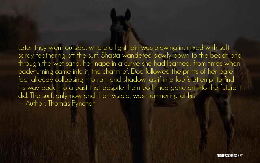 Thomas Pynchon Quotes: Later They Went Outside, Where A Light Rain Was Blowing In, Mixed With Salt Spray Feathering Off The Surf. Shasta