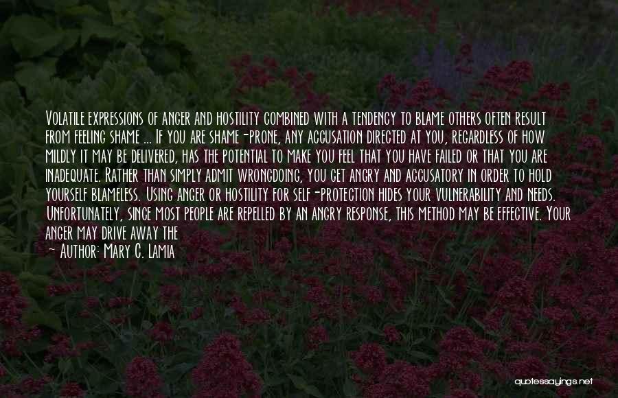 Mary C. Lamia Quotes: Volatile Expressions Of Anger And Hostility Combined With A Tendency To Blame Others Often Result From Feeling Shame ... If