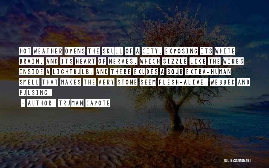 Truman Capote Quotes: Hot Weather Opens The Skull Of A City, Exposing Its White Brain, And Its Heart Of Nerves, Which Sizzle Like