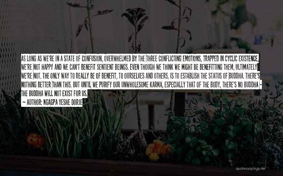 Ngagpa Yeshe Dorje Quotes: As Long As We're In A State Of Confusion, Overwhelmed By The Three Conflicting Emotions, Trapped In Cyclic Existence, We're