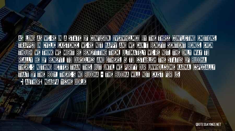 Ngagpa Yeshe Dorje Quotes: As Long As We're In A State Of Confusion, Overwhelmed By The Three Conflicting Emotions, Trapped In Cyclic Existence, We're