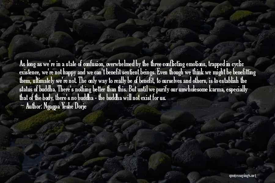 Ngagpa Yeshe Dorje Quotes: As Long As We're In A State Of Confusion, Overwhelmed By The Three Conflicting Emotions, Trapped In Cyclic Existence, We're