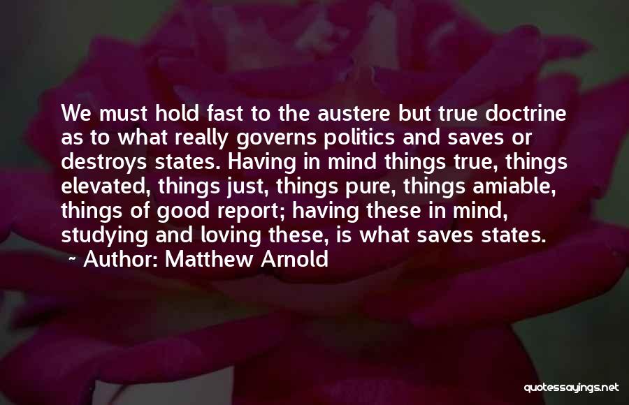 Matthew Arnold Quotes: We Must Hold Fast To The Austere But True Doctrine As To What Really Governs Politics And Saves Or Destroys