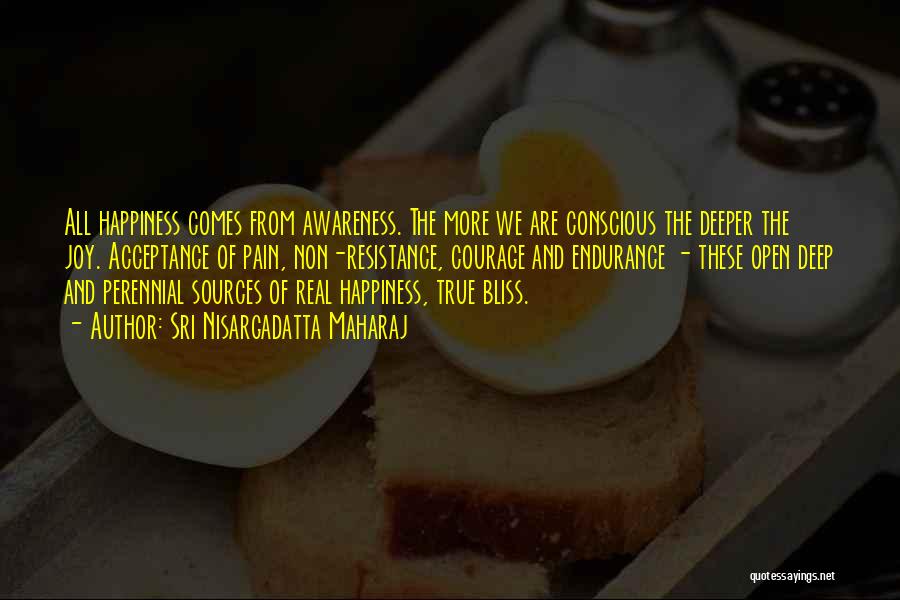 Sri Nisargadatta Maharaj Quotes: All Happiness Comes From Awareness. The More We Are Conscious The Deeper The Joy. Acceptance Of Pain, Non-resistance, Courage And