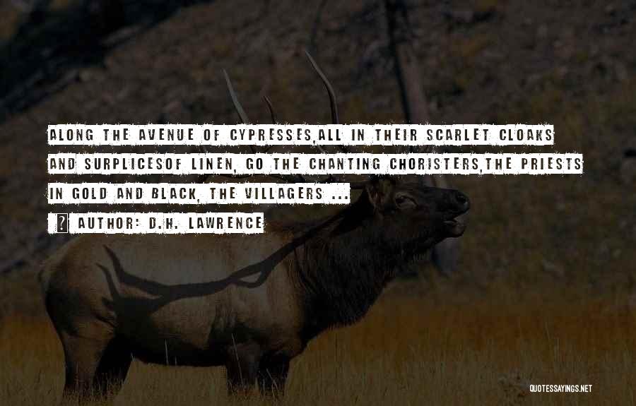 D.H. Lawrence Quotes: Along The Avenue Of Cypresses,all In Their Scarlet Cloaks And Surplicesof Linen, Go The Chanting Choristers,the Priests In Gold And